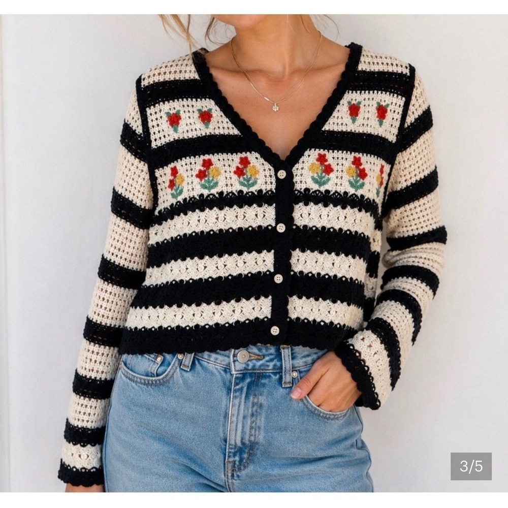 Pol Crochet Knit Floral Cardigan Sweater Black Crème Women One Size NWOT